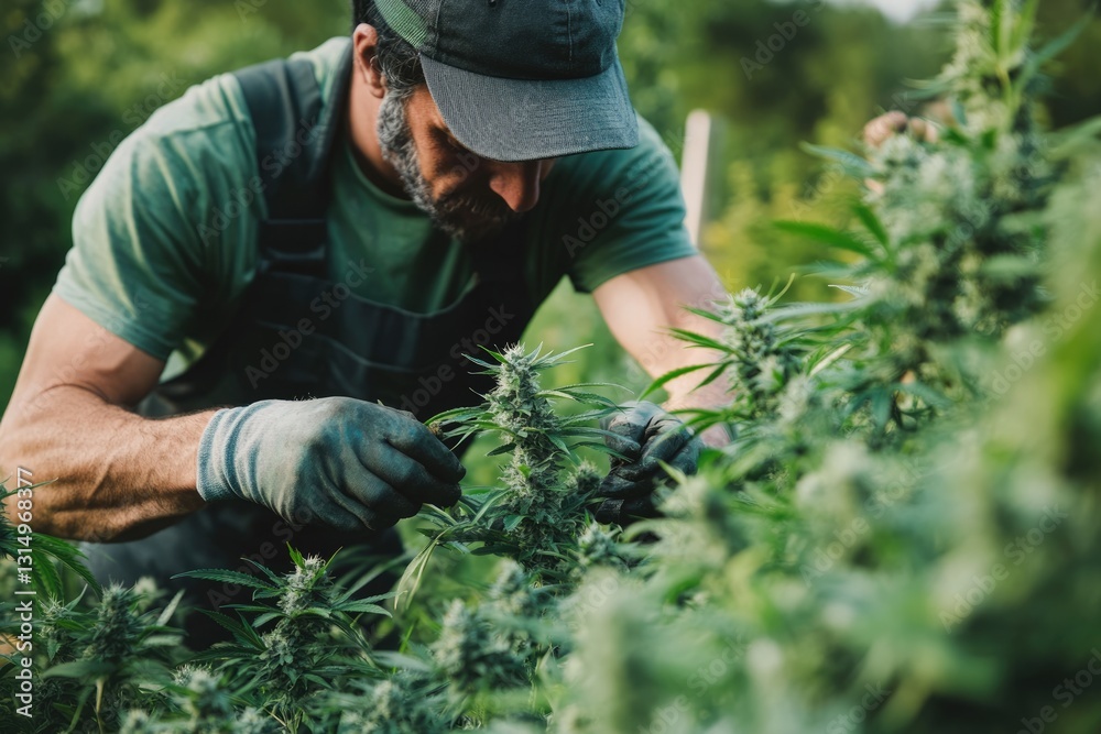 Fototapeta premium Dedicated Cannabis Workers Trimming Premium Marijuana Plants Indoors in California's Lush Sativa Forest