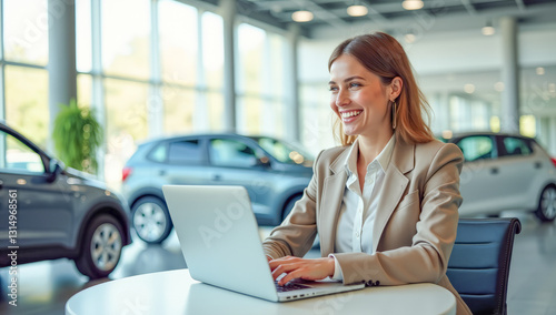 a female manager with a laptop in a car dealership