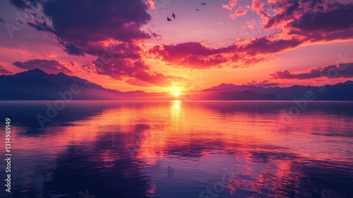 A vibrant sunset reflecting on calm waters, surrounded by mountains and dramatic clouds, creating a serene and picturesque landscape.