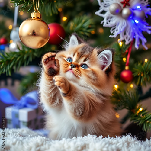 Adorable Scottish Fold kitten playfully batting at a dangling Christmas ornament on a festive holiday tree  The fluffy feline is full of holiday cheer and mischievous energy as it paws at the shiny