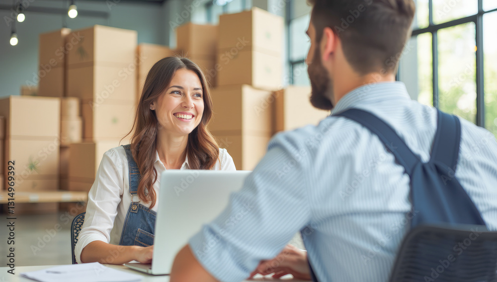 A female manager with a laptop talks to a loader worker in a warehouse with cardboard boxes and a white van A female manager with a laptop talks to a loader worker in a warehouse with cardboard boxes and a white van