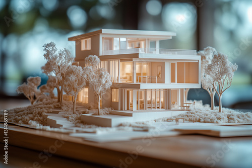 Miniature very detailed model of a modern three-story family house. Illuminated architectural model with garden and landscaping elements. Illustrative for house construction, purchase, and financing.