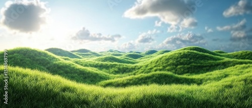 Fototapeta Naklejka Na Ścianę i Meble -  Lush green hills under a bright blue sky with fluffy white clouds creating a serene and peaceful landscape vista evoking a sense of nature and tranquility