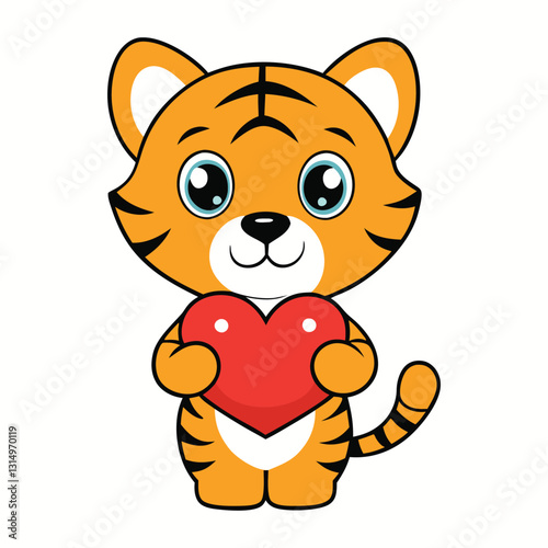 A cute tiger cub gently holds a heart in its paws, with big, playful eyes and a soft, fuzzy fur coat, exuding warmth, innocence, and affection in an adorable, heartwarming pose.