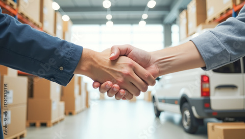a man's handshake on the background of cardboard boxes and a white van in a warehouse