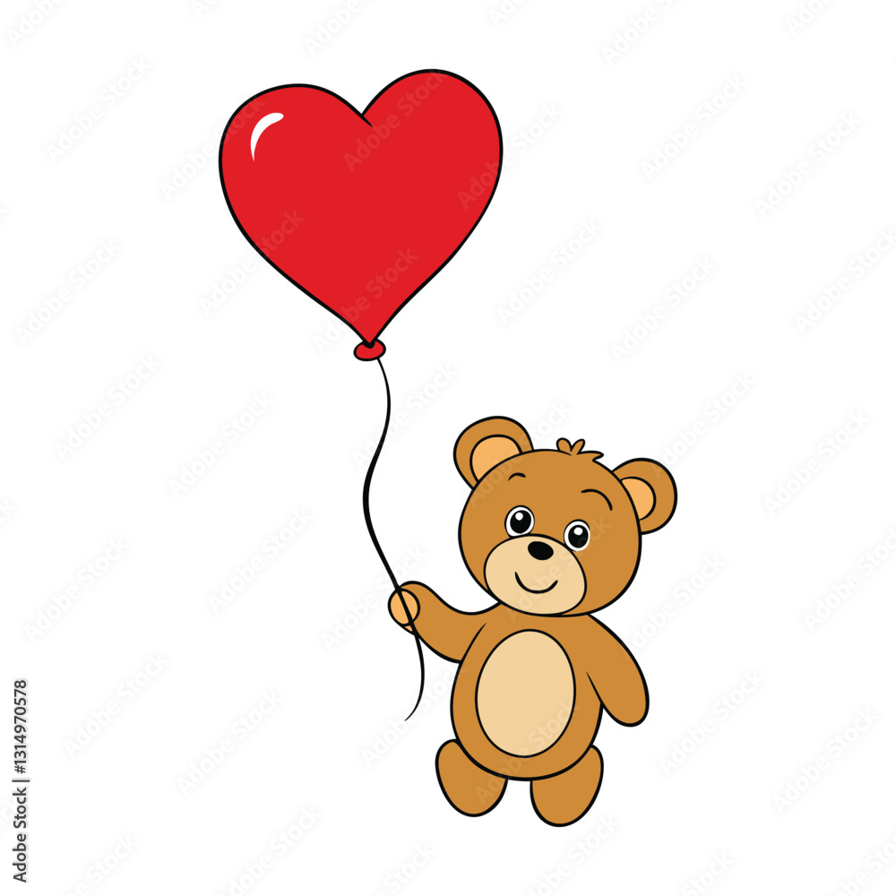 Obraz premium A cute teddy bear holding a big red heart-shaped balloon, with a gentle smile, surrounded by simple outlines, perfect for coloring and spreading love and warmth.