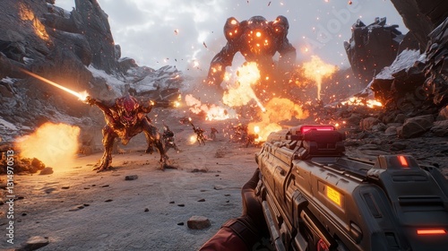 First-person shooter game, intense alien invasion, explosive combat photo