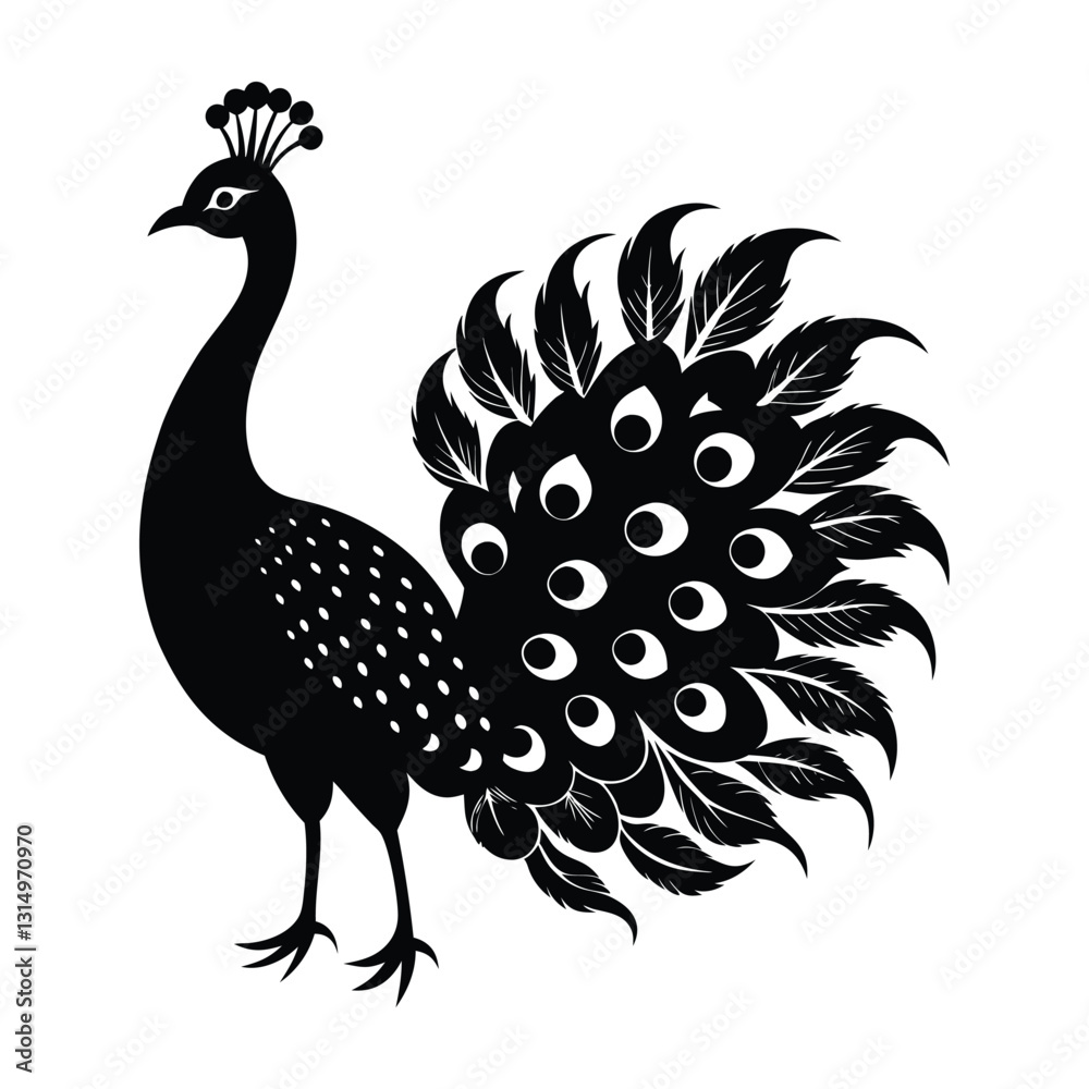 Fototapeta premium Peacock standing with tail feathers closed silhouette design
