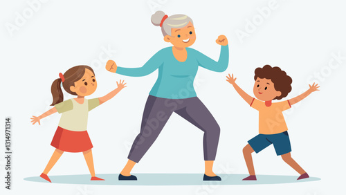 An older woman proudly showing off her new selfdefense skills to her grandchildren grateful for the abilities she learned in the class.. Vector illustration