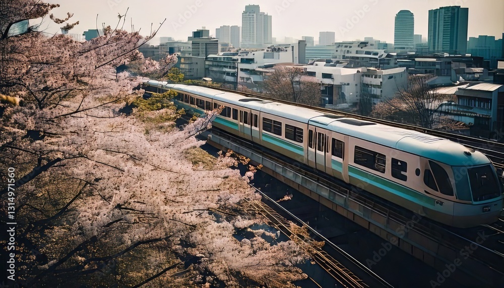 Naklejka premium A scenic urban view of a modern train passing through the city alongside cherry blossom trees in full bloom during golden hour.
