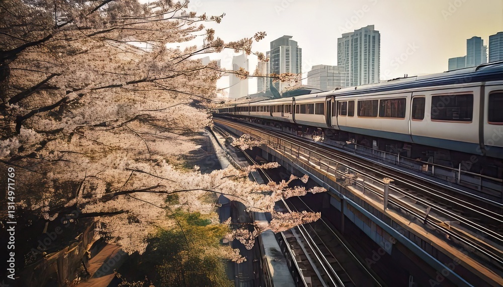 Fototapeta premium A scenic urban view of a modern train passing through the city alongside cherry blossom trees in full bloom during golden hour.