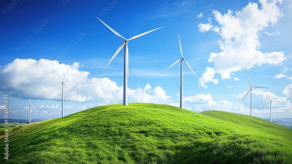 Wind turbines standing tall on a green hill, generating clean energy. Wind turbines standing tall on a green hill, generating clean energy.