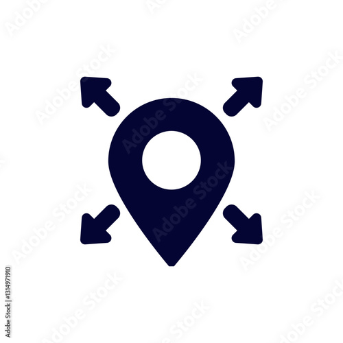 Black location pin icon with four arrows pointing outward, symbolizing direction and movement.