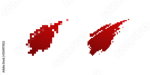 Two pixelated red blood splatters on a white background, resembling digital glitch horror art with a raw look.