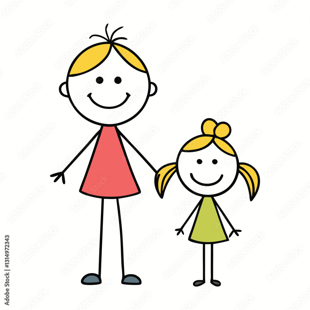 A stick-figure family: a loving mother, daughter, and son, holding hands and smiling together, symbolizing warmth, joy, and the strong bond of family unity and togetherness. A stick-figure family: a loving mother, daughter, and son, holding hands and smiling together, symbolizing warmth, joy, and the strong bond of family unity and togetherness.