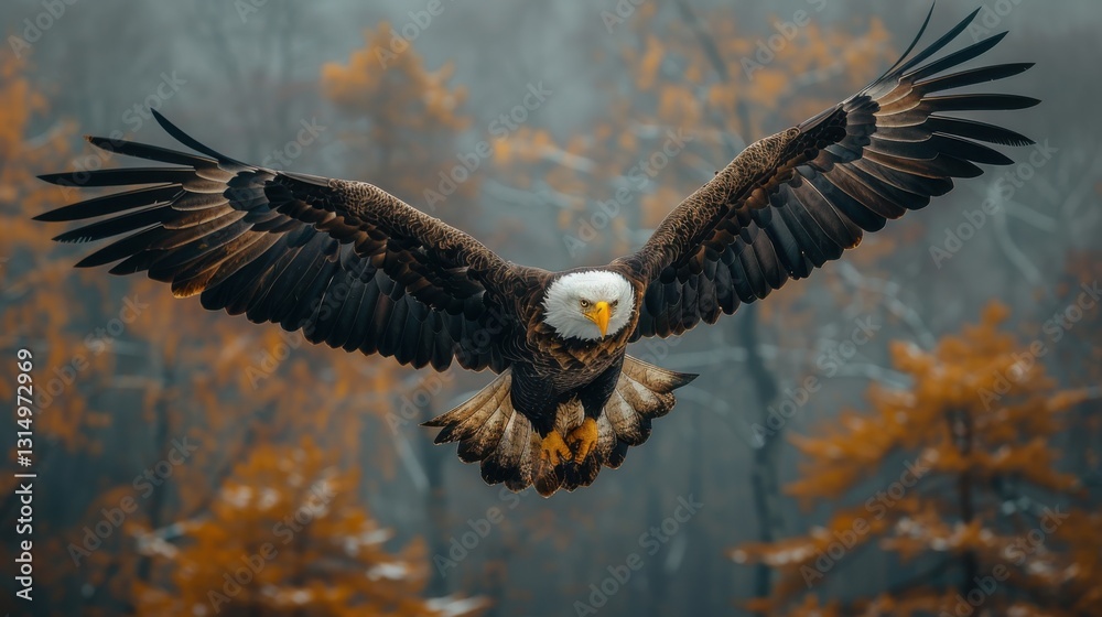 Obraz premium Majestic bald eagle in flight, wings spread wide against a muted autumnal backdrop.
