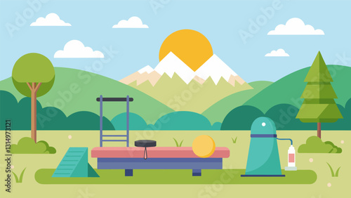 A serene outdoor setting for a Pilates session with equipment set up on a grassy scenic area for seniors to connect with nature while improving their strength and mobility.. Vector illustration