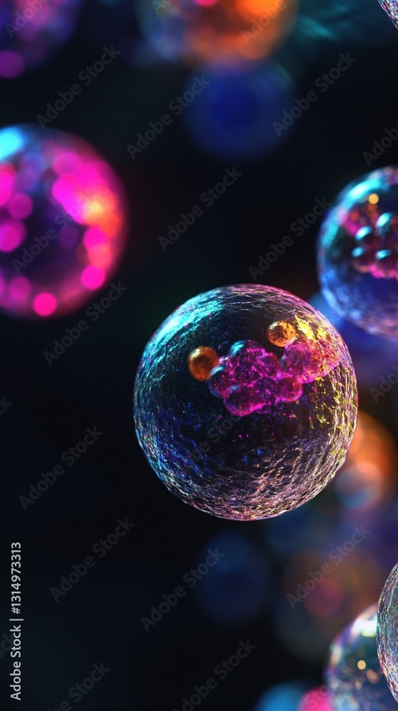 Naklejka premium Mesmerizing macro photograph of iridescent soap bubbles floating in dark space, illuminated with vibrant neon colors of pink, blue and turquoise creating magical bokeh effect.