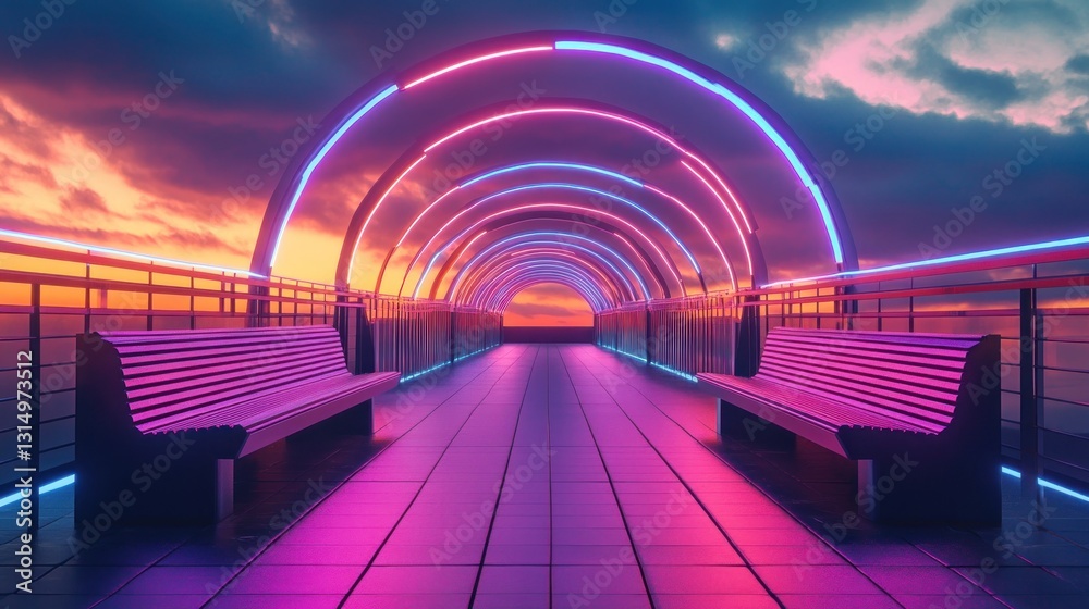 Obraz premium Sunset neon walkway with benches