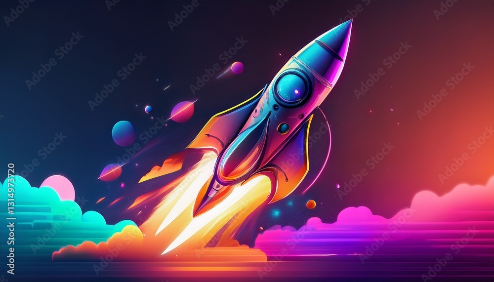 Fototapeta premium digital illustration of a rocket on a neon color background