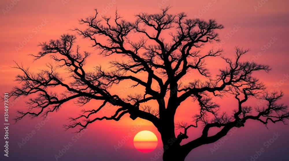 Majestic Tree Silhouette Against Vibrant Sunset - Hyperrealistic Digital Art Majestic Tree Silhouette Against Vibrant Sunset - Hyperrealistic Digital Art