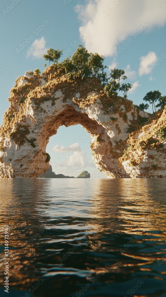 Fototapeta premium Stone Arch Framing Tranquil Coastal Scene with Gentle Waves