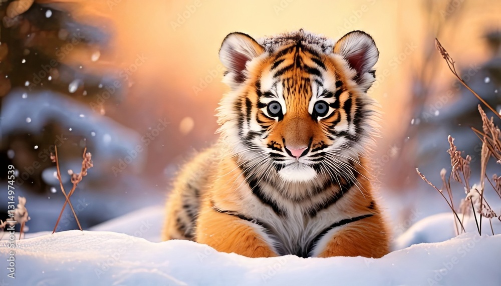 Obraz premium A stunning digital illustration of a young tiger cub resting on snowy ground, surrounded by a warm golden glow and a winter forest backdrop.