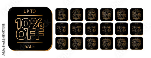 Square black card with rounded edges, discount percentages and details in gold letters.Up to 5, 10, 15, 20, 25, 30, 35, 40, 45, 50, 55, 60, 65, 70, 75, 80, 85, 90 percent off.