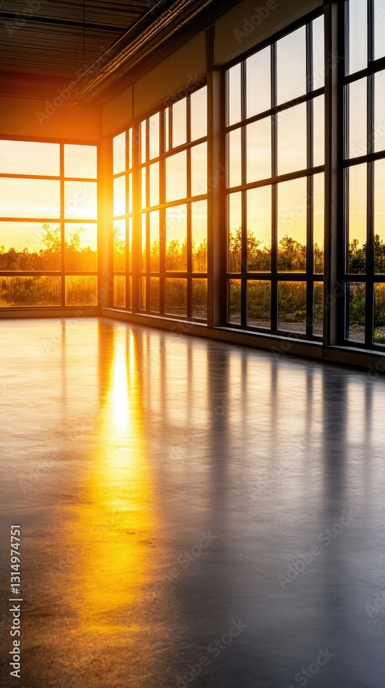 Fototapeta premium Sunset light reflecting on a polished floor in a spacious room with large windows overlooking a vibrant landscape