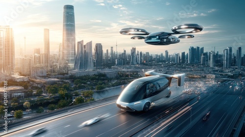Futuristic urban transportation, autonomous vehicles, and aerial drone taxi service photo
