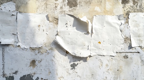 White posters stuck and torn on wall