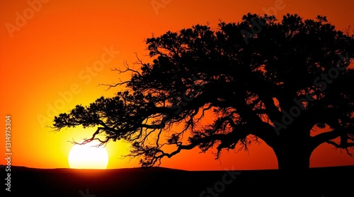 Majestic Tree Silhouette Against Vibrant Sunset - Photorealistic Digital Art