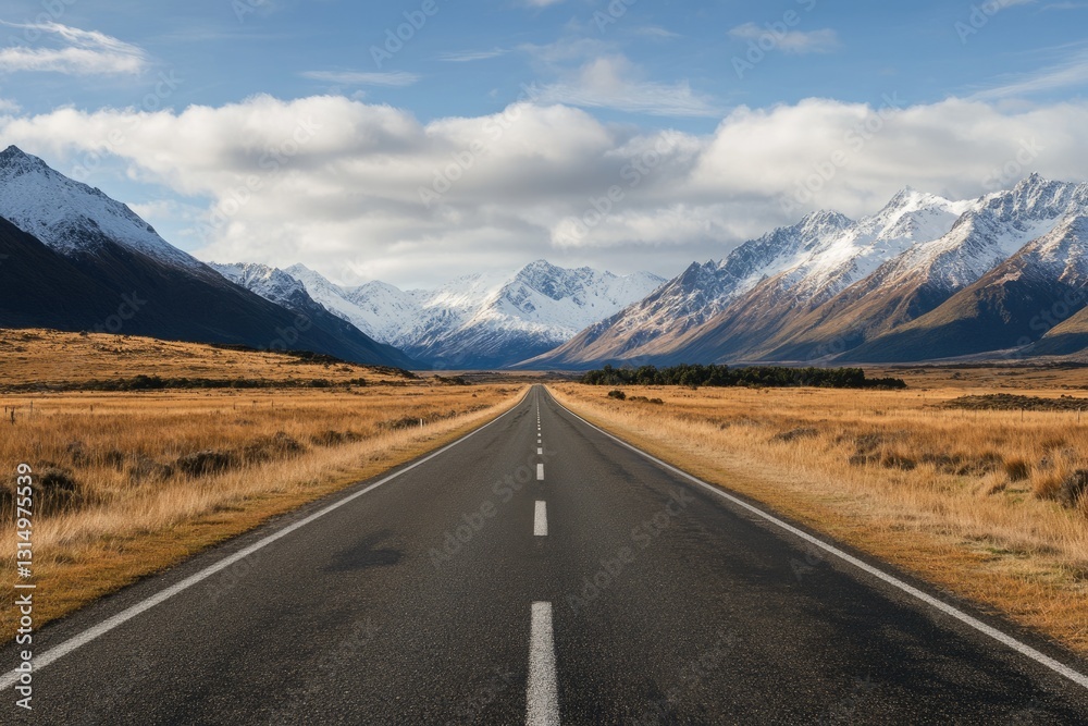 Fototapeta premium Endless Straight Path Leading to Snow-Capped Mountains in New Zealand