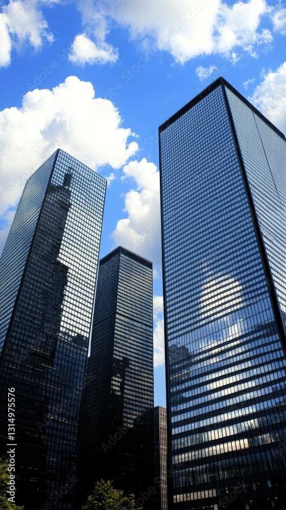 Skyscrapers shine under a bright blue sky with fluffy clouds in an urban setting during the afternoon Skyscrapers shine under a bright blue sky with fluffy clouds in an urban setting during the afternoon