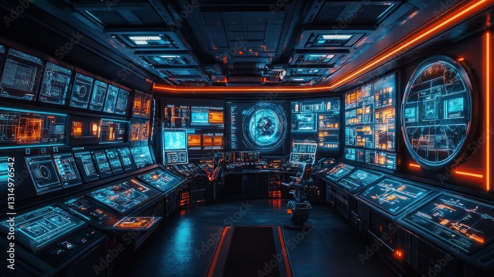 Fototapeta premium Futuristic control room with glowing screens and panels