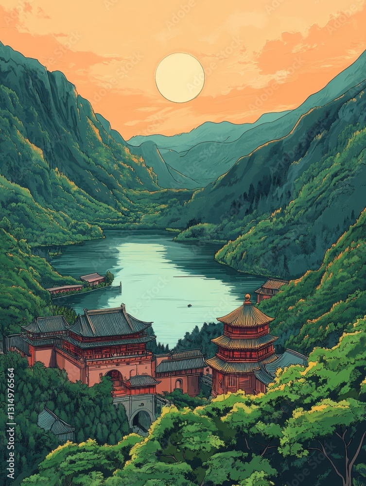 Fototapeta premium Tranquil Asian Landscape Serene Lake Reflecting Mountains Lush Greenery Temple Complex Peaceful Atmosphere Artistic Style Scenic Beauty Dreamy Vistas