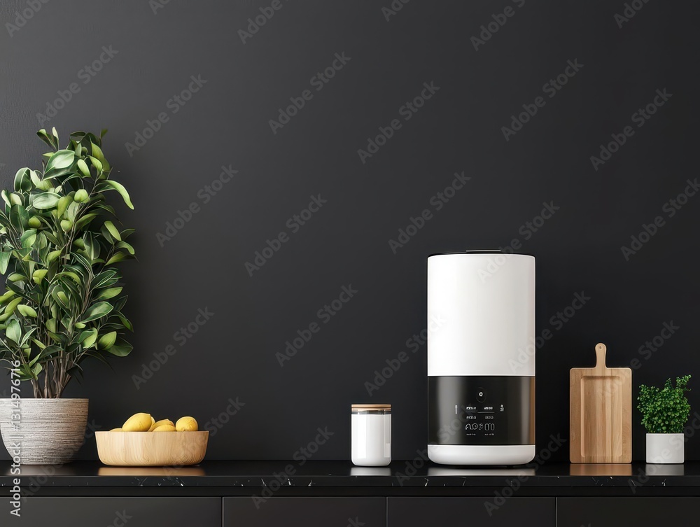 Futuristiclooking fermentation device with a smart interface, displayed on a sleek black kitchen counter Futuristiclooking fermentation device with a smart interface, displayed on a sleek black kitchen counter