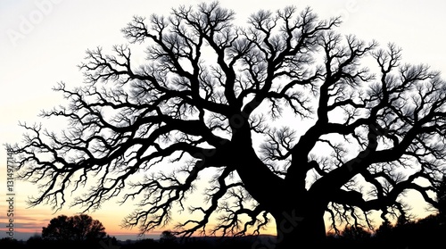 Majestic Oak Tree Silhouette in Woodcut Style Against Twilight Sky