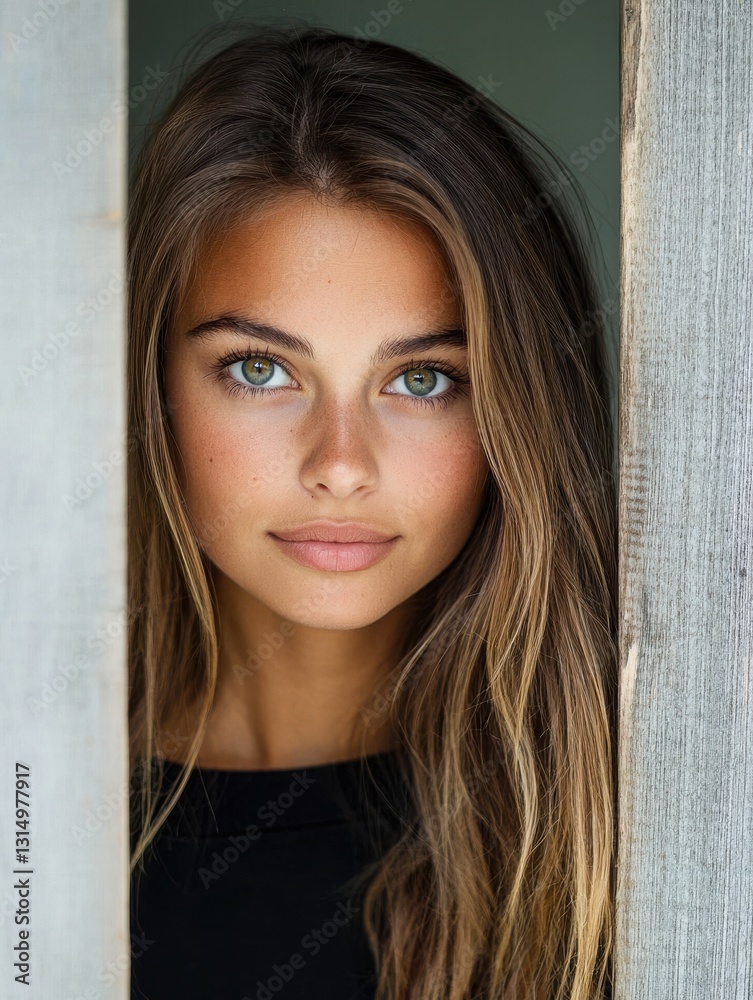 Naklejka premium Portrait of a young woman with blue eyes and long wavy hair, wearing a black top and positioned between vertical wooden planks with a soft green background