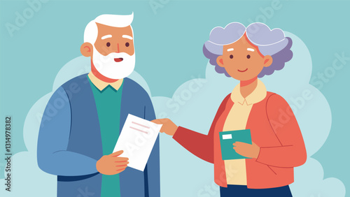 An older couple handing out flyers to passersby educating them about human rights violations and urging them to take action.. Vector illustration
