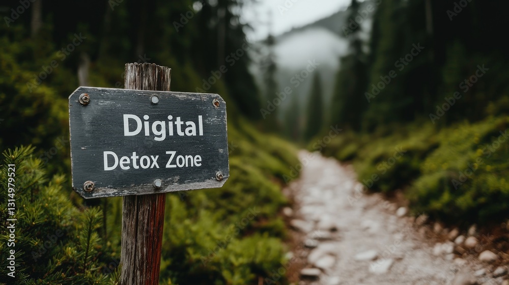Serene Pathway in Nature with Digital Detox Zone Sign in Forested Landscape Serene Pathway in Nature with Digital Detox Zone Sign in Forested Landscape