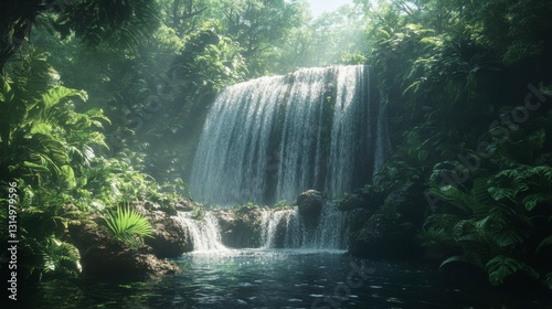 A serene waterfall cascades into a tranquil pool, surrounded by lush greenery, creating a peaceful, natural oasis.