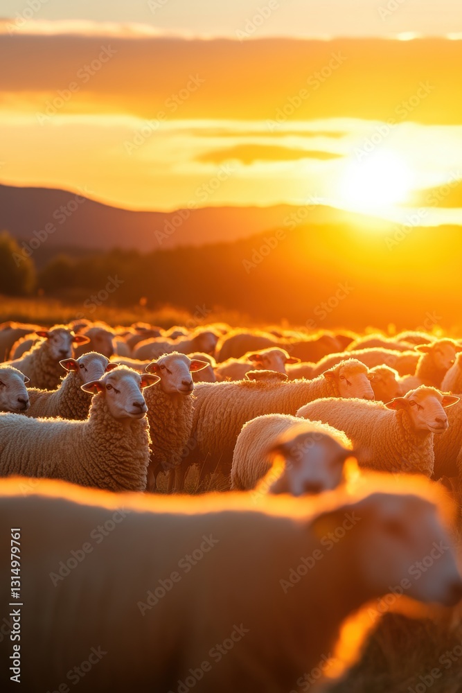 Fototapeta premium Sheep in flower grass field in Spring.
