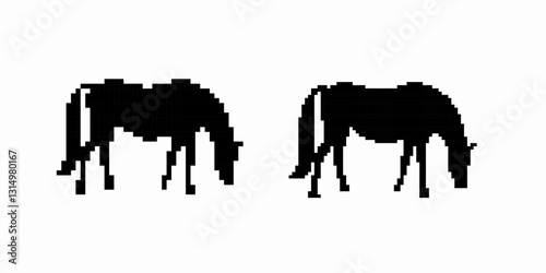 Two horse silhouettes appear in a minimalist style, both grazing. the horses face each other.