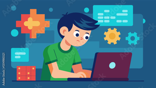 With a determined look on his face a young boy carefully adjusts variables in his code his solution to the coding puzzle slowly taking shape.. Vector illustration