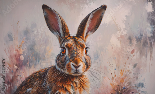 Rabbit is sitting in a field with a brush stroke background. The rabbit is looking directly at the camera