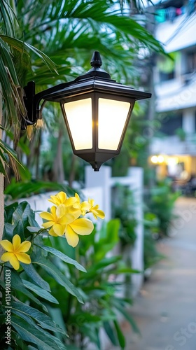 The soft and inviting glow of a lantern casts a warm light, highlighting the vibrant yellow flowers flourishing in a lush garden as twilight settles in