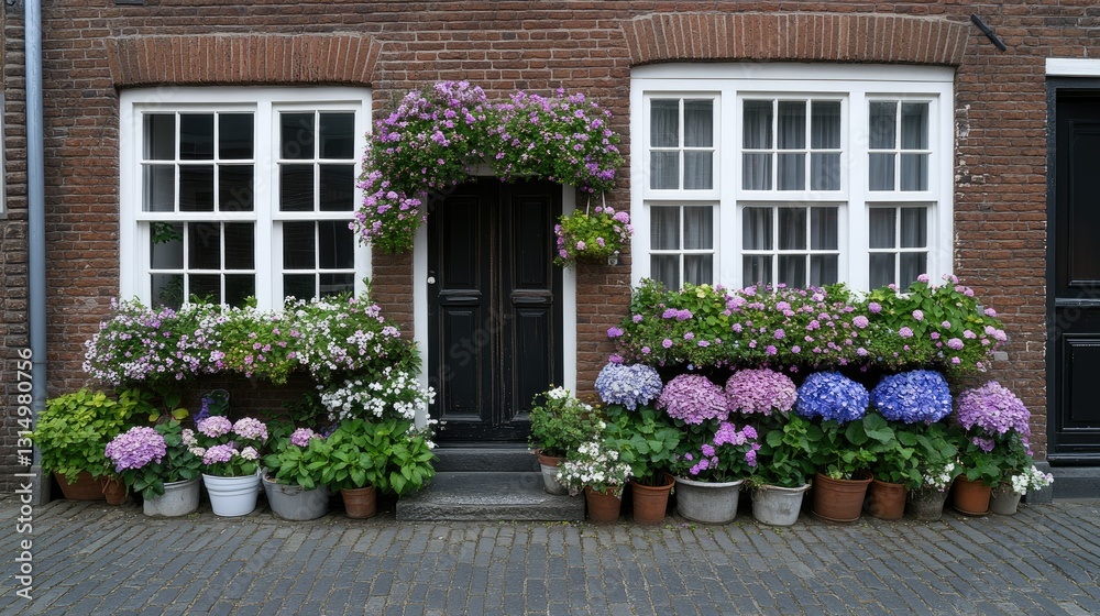 A stunning and vibrant array of flowers decorates the inviting entrance of a charming house nestled in a historic neighborhood, showcasing the beauty of springtime A stunning and vibrant array of flowers decorates the inviting entrance of a charming house nestled in a historic neighborhood, showcasing the beauty of springtime