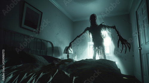 Shadowy figure with long fingers looming over bed in darkness.