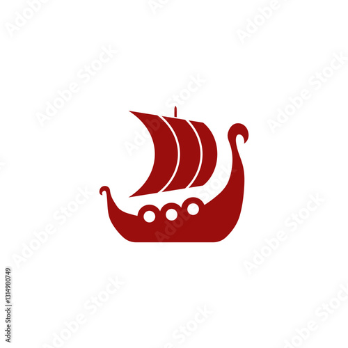 A minimalistic red Viking ship icon featuring a dragon shaped prow, sails, and shields, symbolizing Nordic mythology and medieval Scandinavian warships.